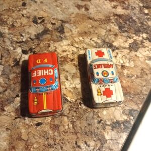 2 Vintage Tin Litho 3.25" Cars Ambulance, Police & Fire Chief Made in Japan